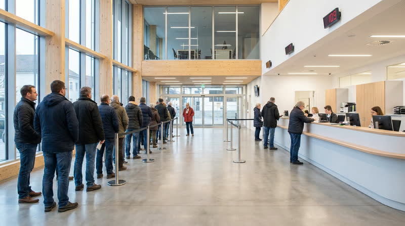 Kolejka do stanowisk obsługi w budynku publicznym